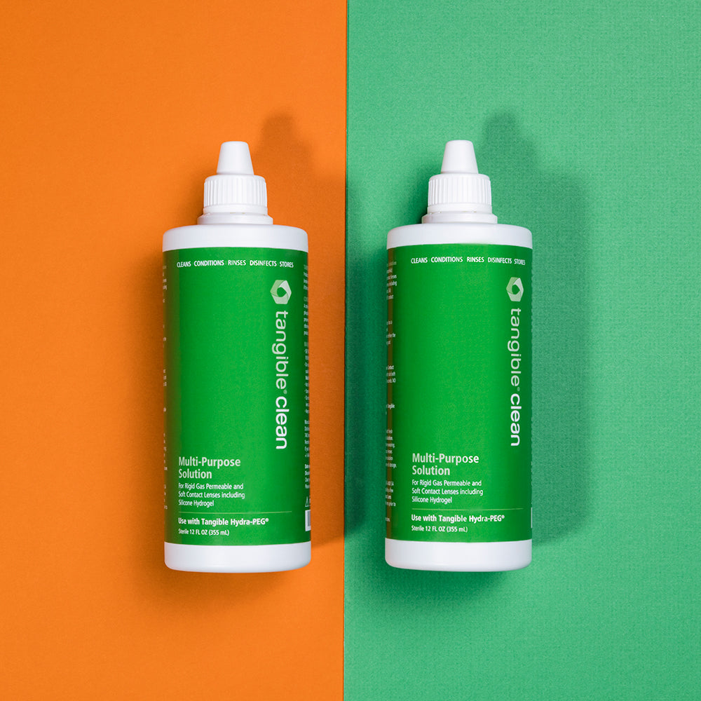 Tangible Clean multipurpose contact lens solution for cleaning and disinfecting contact lenes. Can be used as a versatile contact lens cleaning and disinfecting solution for scleral and GP contact lenses