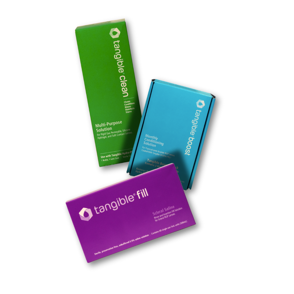 Tangible Clean Tangible Boost and Tangible Fill are essential contact lens care products for scleral and rgp contact lenses. They are used to clean, rinse, disinfect, maintain, and fill specialty lenses including scleral and rgp. 